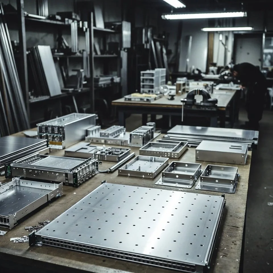 Sheet metal chassis and enclosure parts on a shop bench