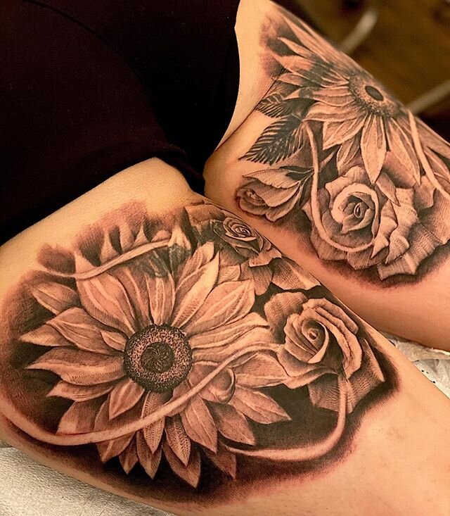 Man! She sat like a soldier! Fucking beast mode #coverup #freehand #backthigh #sunflowers #roses #wanderlust #fuckingbeast