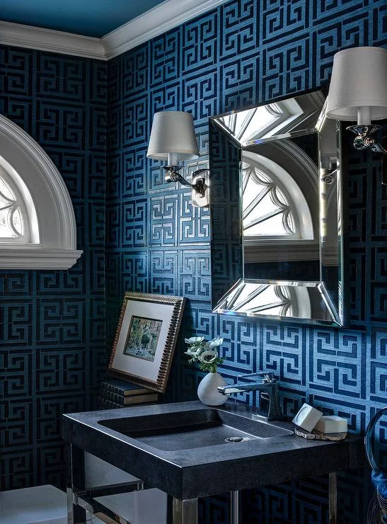 blue-navy-greek-key-wallpaper-scroll-wall-sconce-beveled-vanity-mirror.jpg