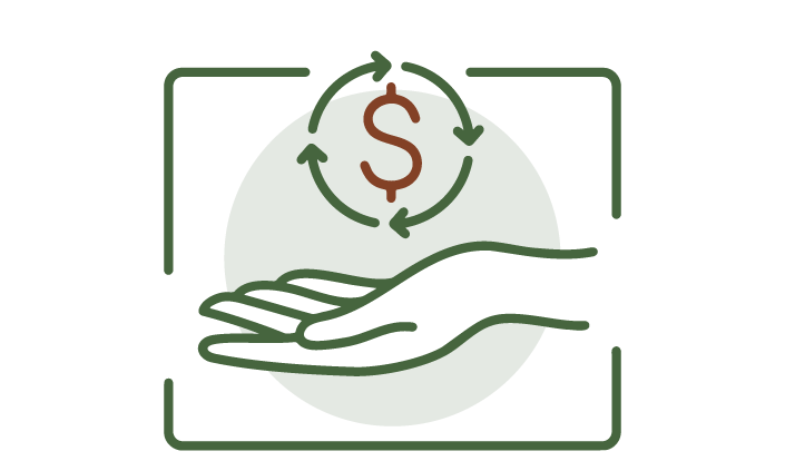 An illustrated icon of an open hand with a money symbol above to represent "earn as you go"