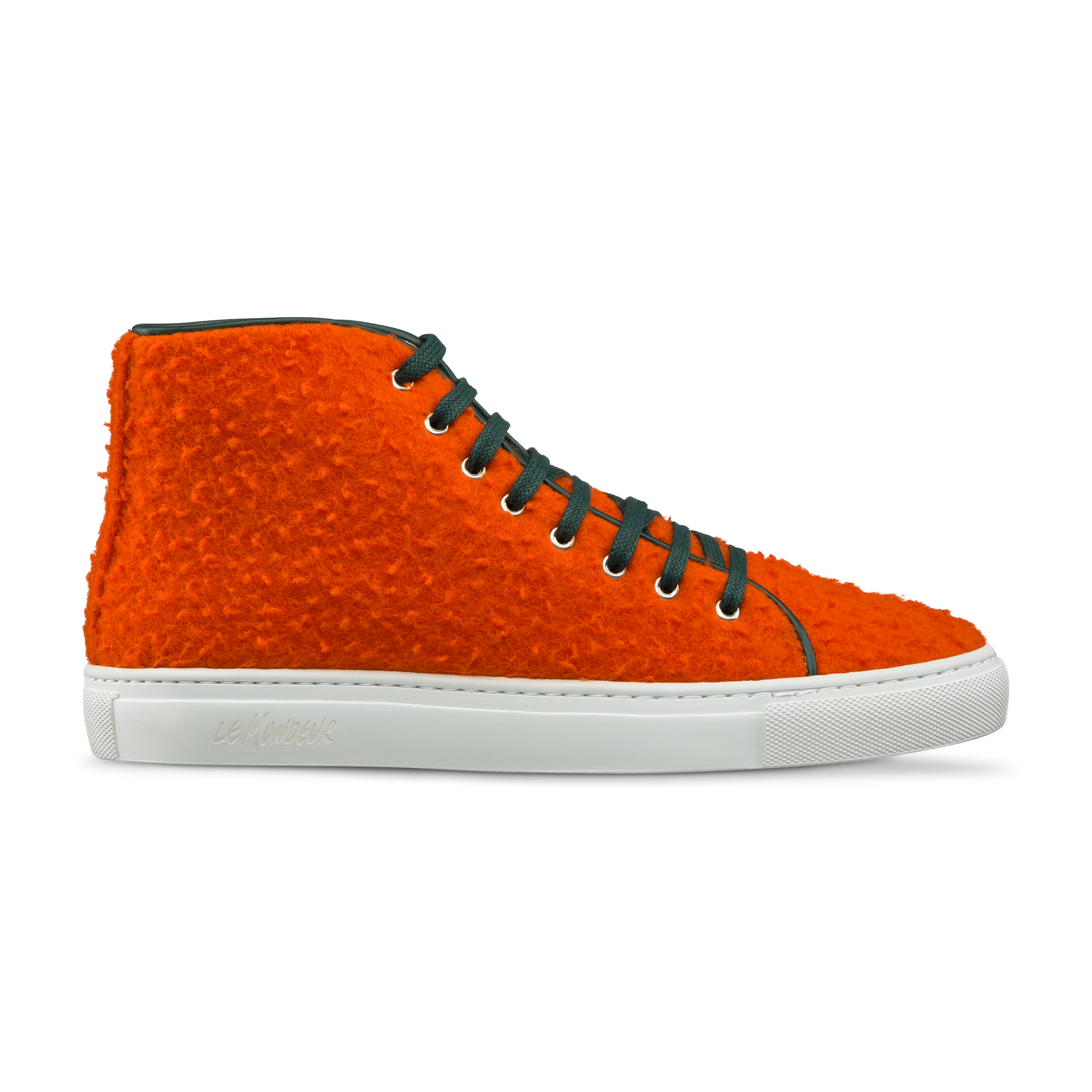Orange wool sneaker handmade in Portugal with artisan textiles made in Italy