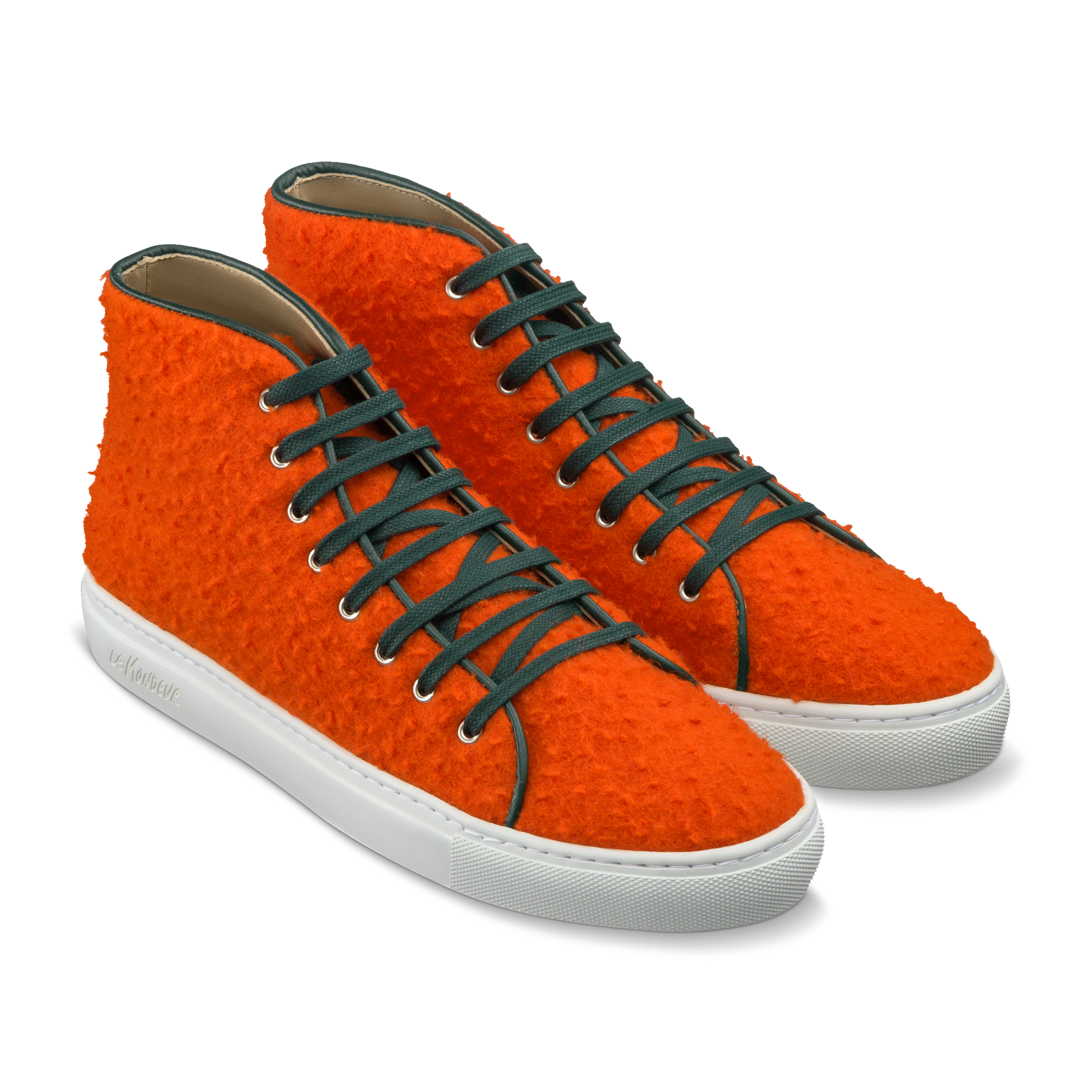 Orange wool sneaker handmade in Portugal with artisan textiles from Italy