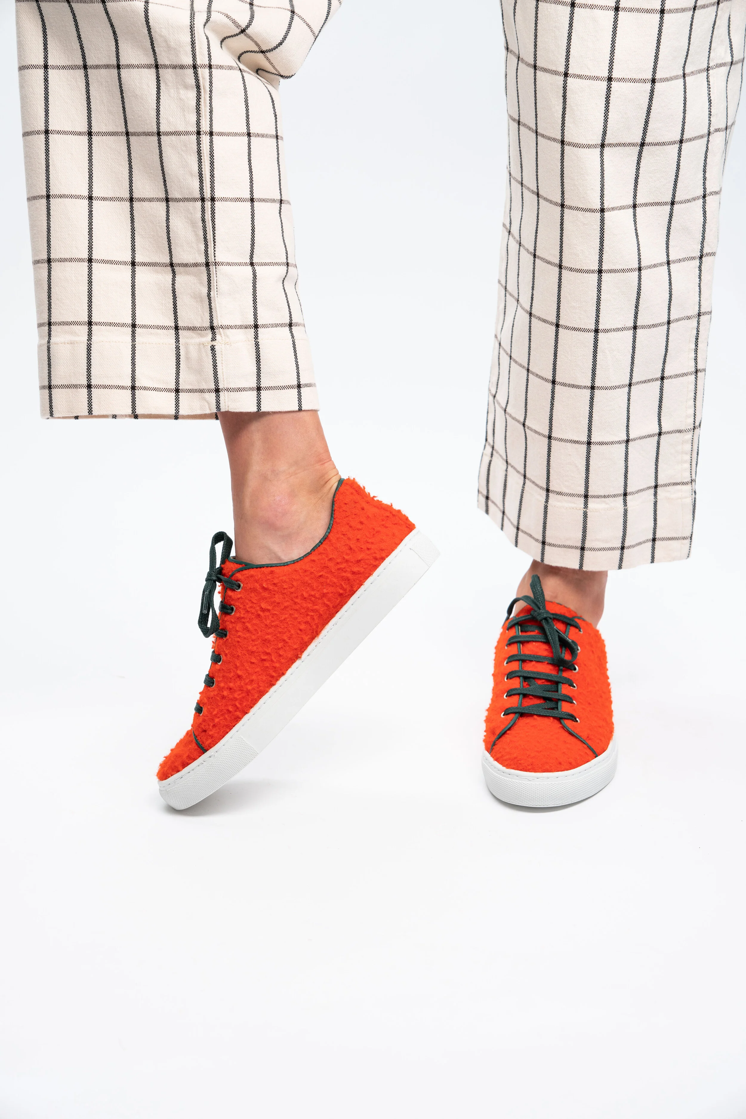 Le Mondeur handmade orange wool sneaker with artisan textiles from Italy