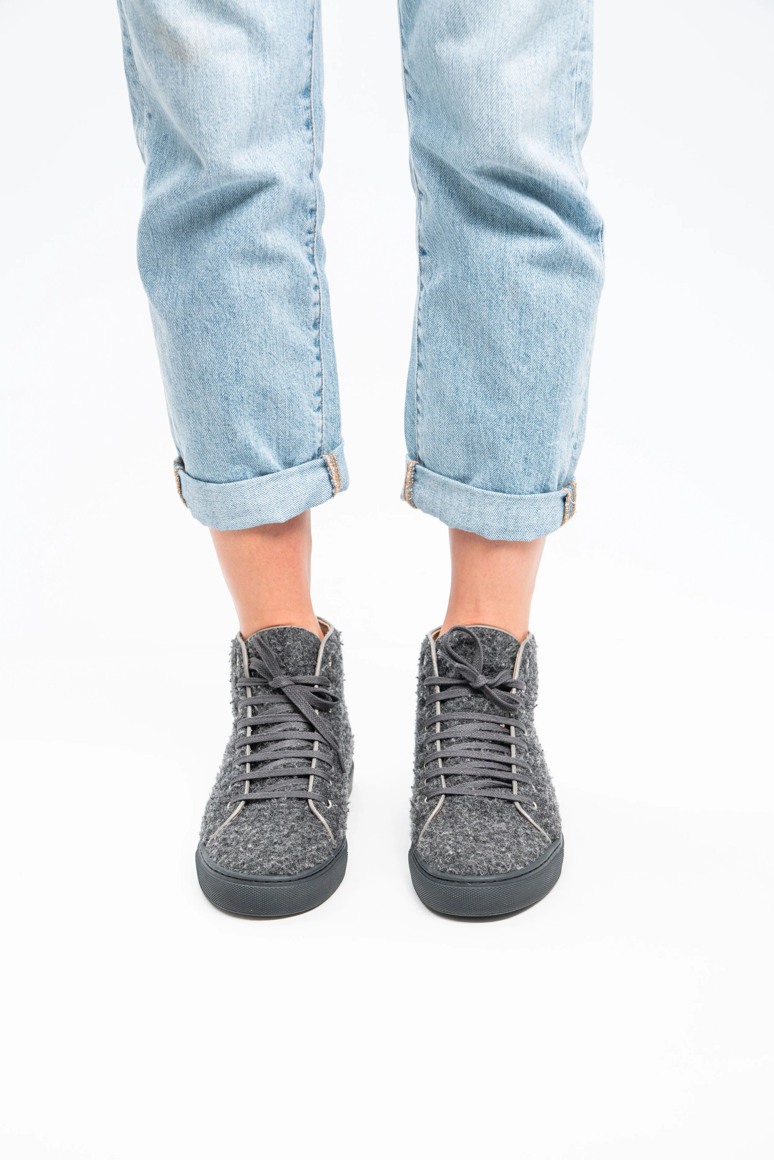 Handcrafted gray wool high top sneaker with textiles made in Italy