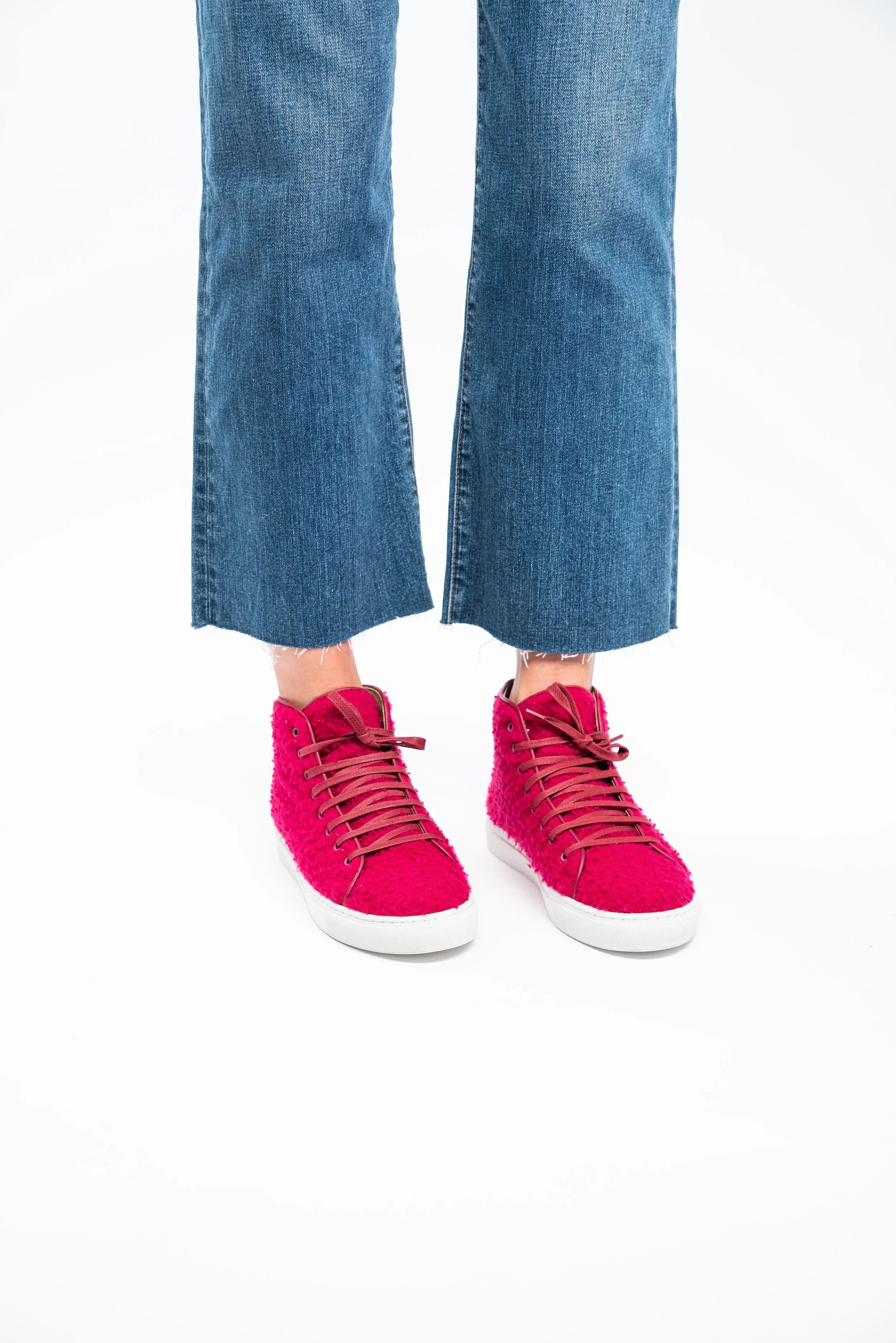 Handcrafted fuchsia wool high top sneaker with textiles made in Italy