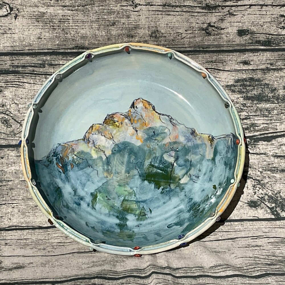 Mountain Majesty Ceramic Platter with Ribbon Rim and Semi-Precious Stones