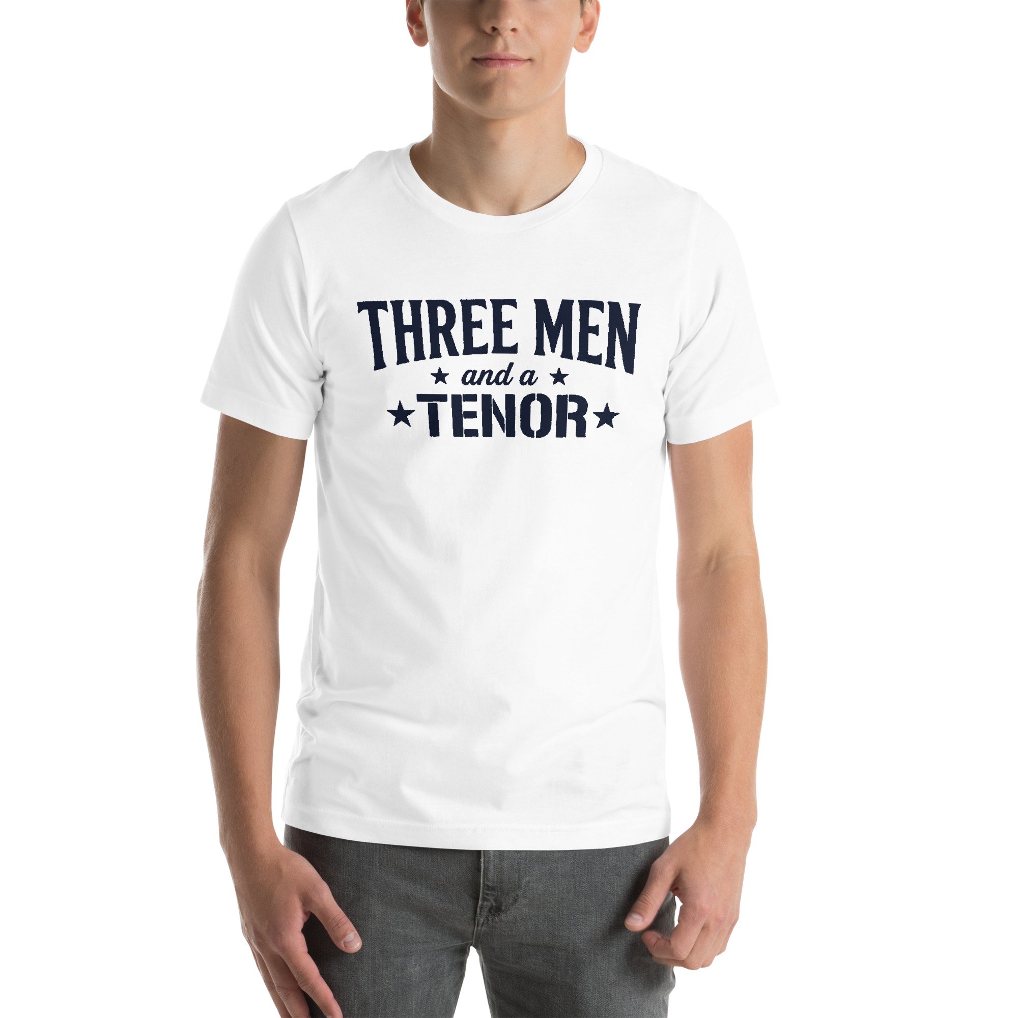 Three Men and a Tenor – White Tee / Navy Logo