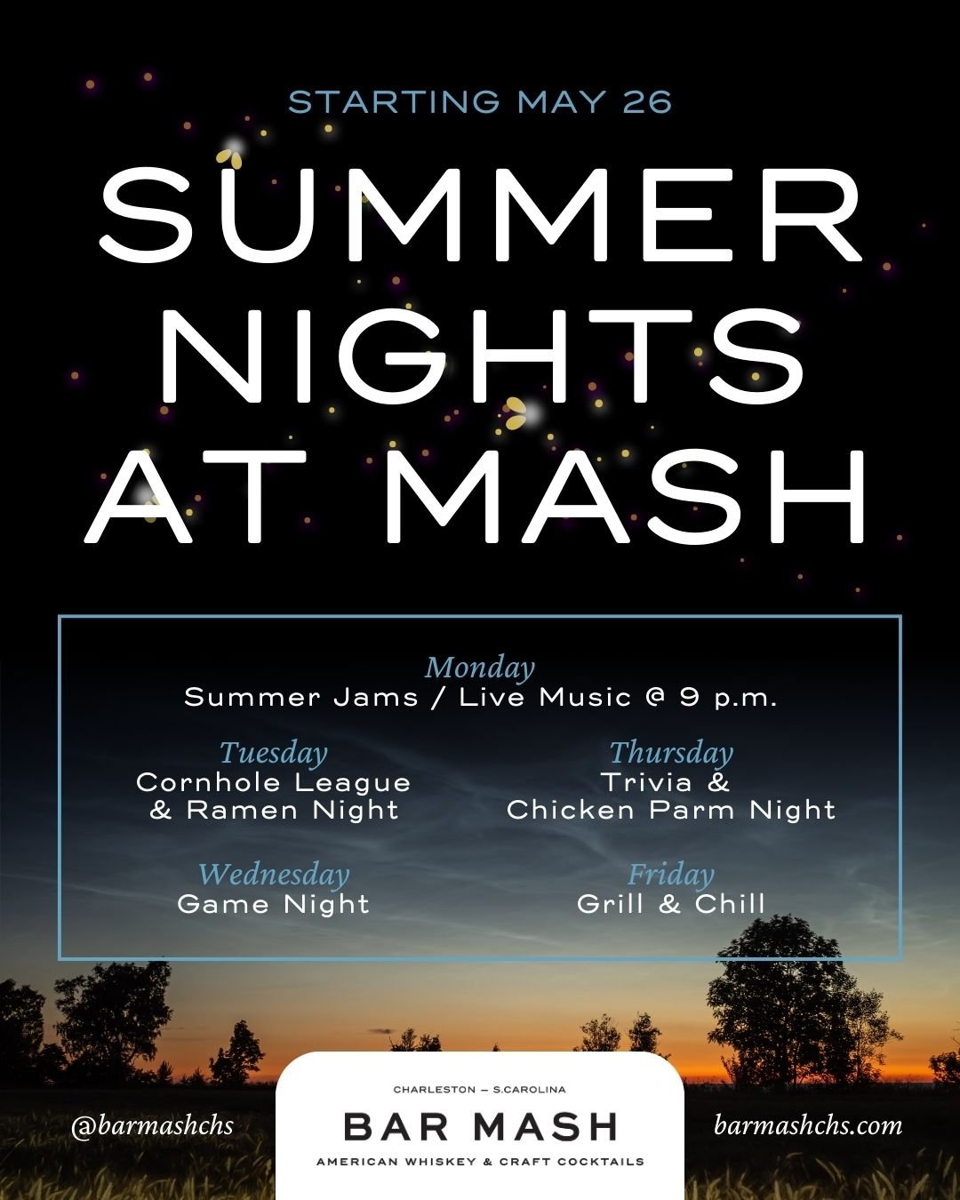 We are just one week away from the start of Summer Nights at Mash &ndash; think all the nostalgia and fun of summer camp with better drinks and less bug bites. The new menu and weekly specials kick off on Memorial Day ☀️

🎶 𝐌𝐨𝐧𝐝𝐚𝐲𝐬: 𝐒𝐮𝐦𝐦?