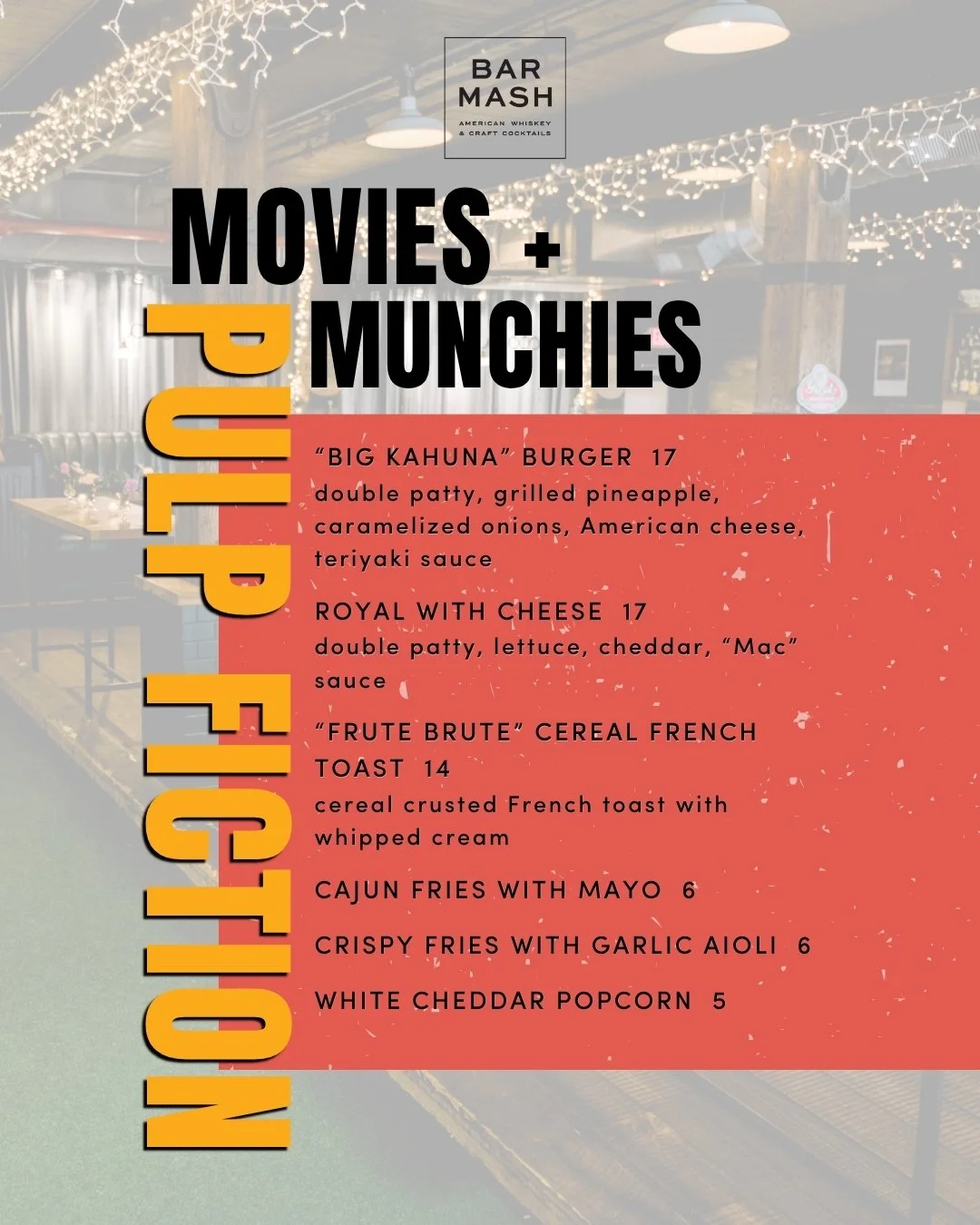 A menu you don't want to miss...🎬🍔

Tomorrow night, we're bringing Pulp Fiction to life &mdash; and you're invited. Join us from 7&ndash;10pm for Movies &amp; Munchies, where the menu pulls straight from the film. We're talking specialty bites, dri