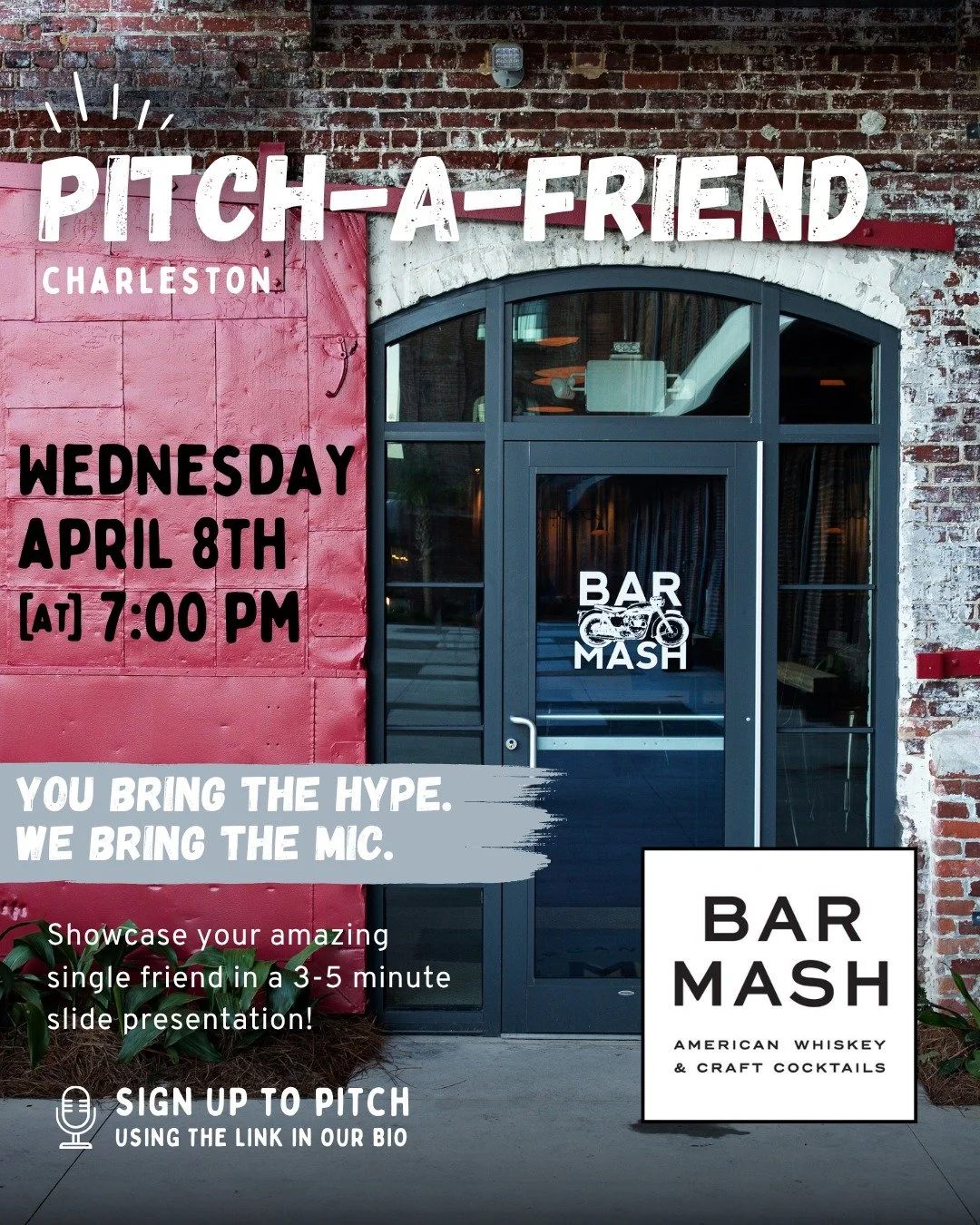 Your friend is a total catch &mdash; now it's time to prove it 😉✨

Join us Wednesday, April 8, as we host @pitchafriend.charleston! Watch friends take the stage to pitch their favorite singles to the crowd then stick around for our Single Mingle Mix