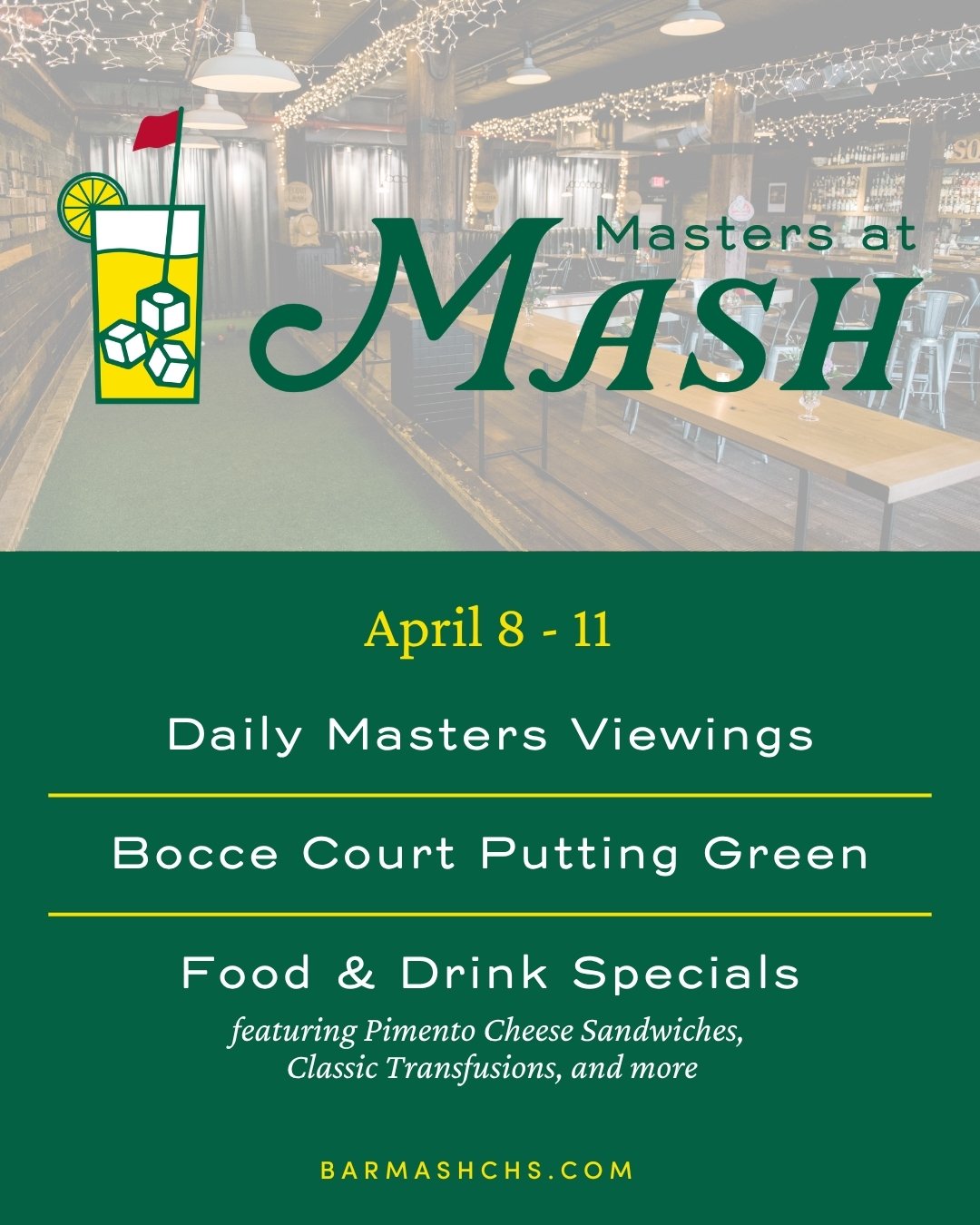 We're teeing up something special this Masters Week.⛳️🥃

From April 8-11, catch all the Masters action live on our TVs while you take on our themed specials featuring Pimiento Cheese Sandwiches, Classic Transfusions, and more. Come for the golf, sta