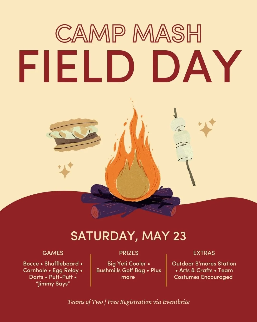 Remember the best days of summer? They're back.🔥🏕️

Camp Mash is returning, and we're transforming Bar Mash into the ultimate grown-up summer camp experience. Starting with our Field Day Kick Off on Saturday, May 23, the entire space will come to l