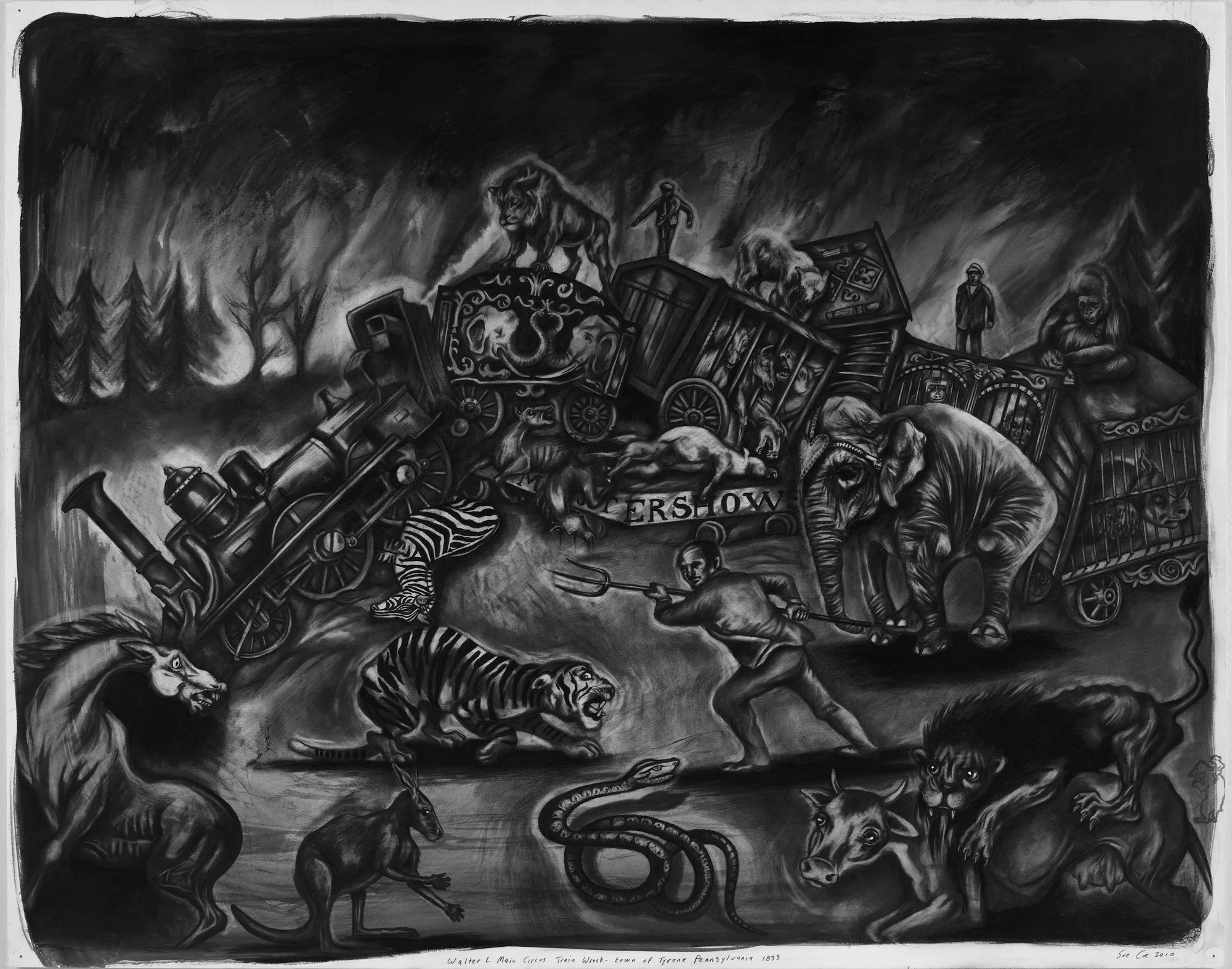 Sue Coe, Circus Train Wreck , 2010.
