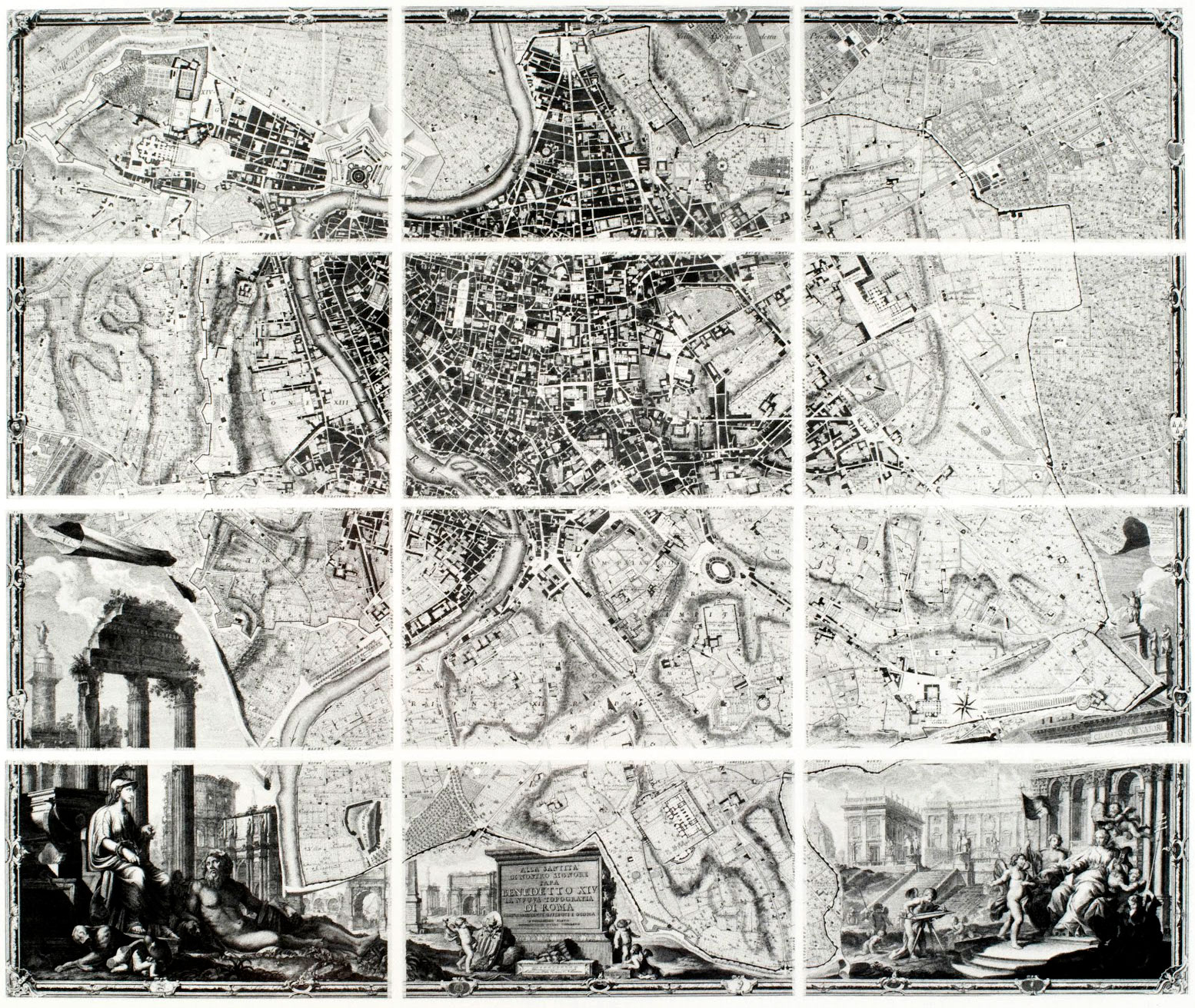 Giovanni Battista Nolli's 1748 Map of Rome. The entire document is about 6ft x 7ft in dimension and comprised of 12 smaller portions. The Nolli Map has become one of the most appropriate ways to understand existing spatial relationships and plan future development.