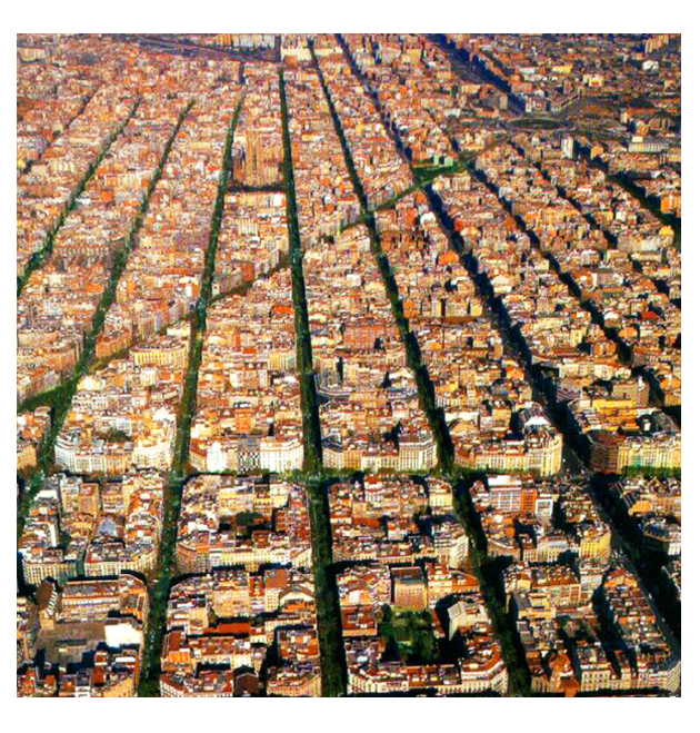 This aerial image of Barcelona shows just how important it is to pattern individual buildings together to create the beautiful and larger community. True value is placed on the neighborhood first and individual buildings second.