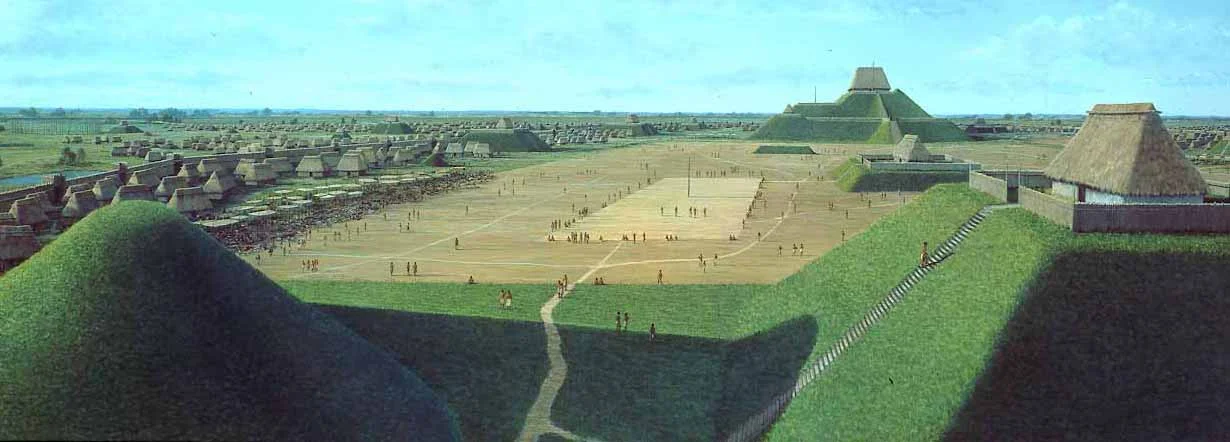 Mississippian Native Tribes built mound structures just like their contemporaries to the south. But, instead of stone, these indiginous peeople built their temples, shrines and cities out of the earth itself. This artist's image is of Cahokia, the largest settlement of the Mississippian people. It was located along the Mississippi River in what is now St. Louis. 