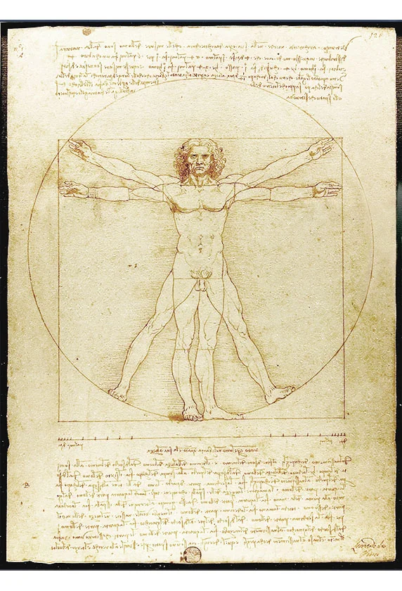 The Vitruvian Man by Leonardo di Vinci. Depicts an interpretation of the proportions of common man as defined by ancient architect Vitruvius. This drawing Di Dinci is critical to Renaissance Architecture because it represents a renewed interest in ancient ideals such as natural humanism and simple order..