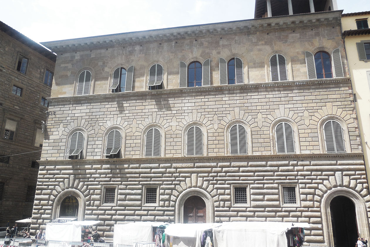 One of the many three part Palazzi ( or palaces in Italian) that arose out of the Renaissance style and abound in Florence. The typical Palazzo consists of a heavy rusticated base ( Piano Terra), a much more refined second floor (commonly called the Piano Nobile) and a rather plain looking third floor (Piano Terzo). This gave the building a dignified sense of order and legibility. 