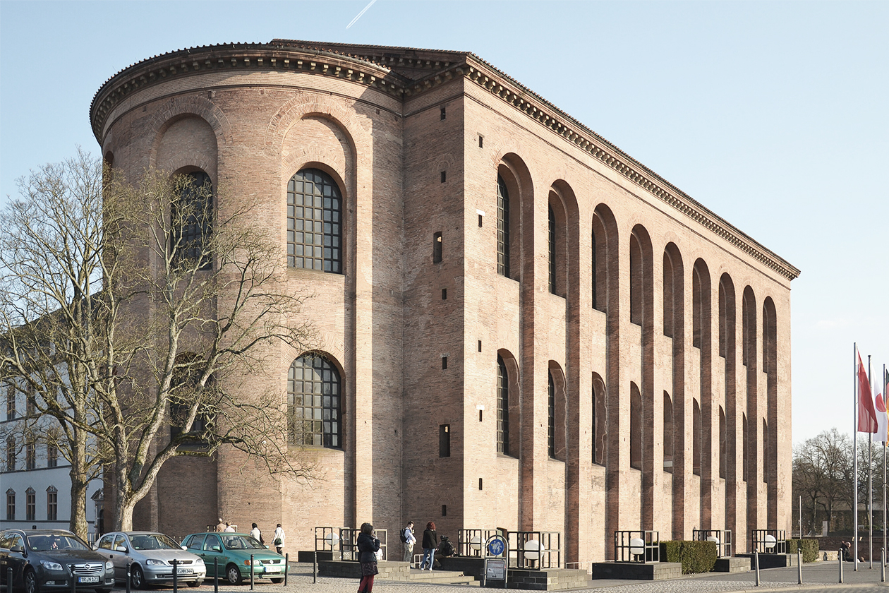 The Basilica of Constantine in Trier, Germany.(also called Aula Palatina) built by the Emperor Constantine in 310 AD. It's one of the largest remaining halls from antiquity and a great example of early Christian Church design adapted from a pagan Roman building type. Elements of the basilica are easily seen.