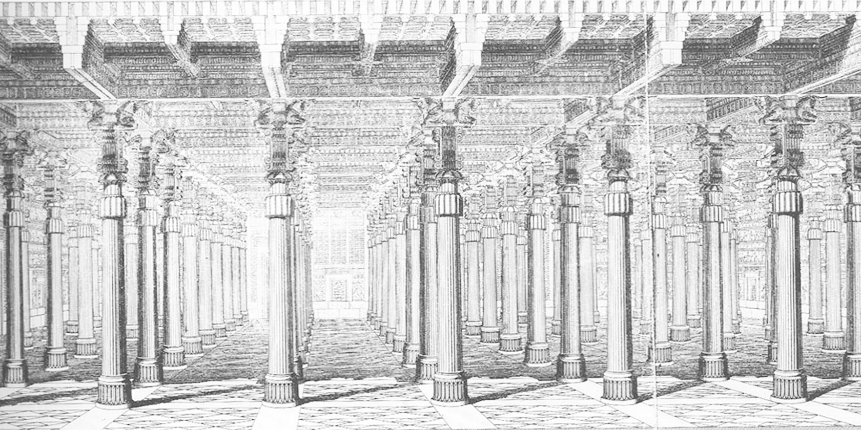An artist's rendering of what Persepolis might have looked like. Note the ornement at the tops of the columns and the eastern-asian influences in the manners the support beams rest on them.