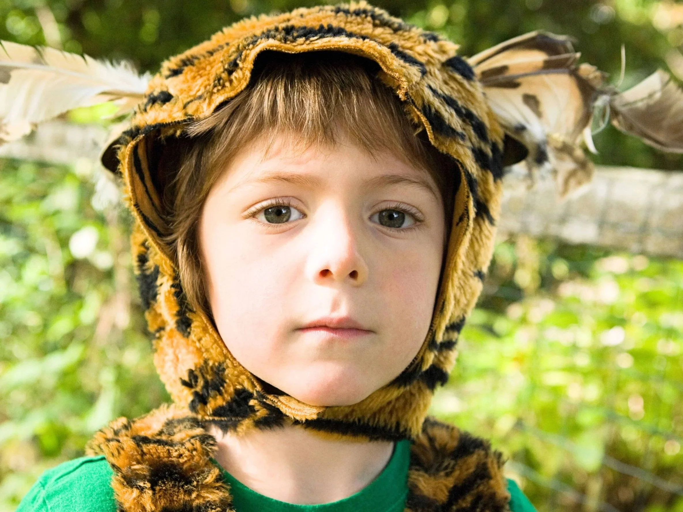 en pojke i en tigerdräkt ser in i kameran