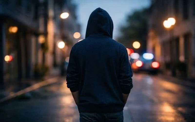 En ung man i hoodie går på en mörk gata