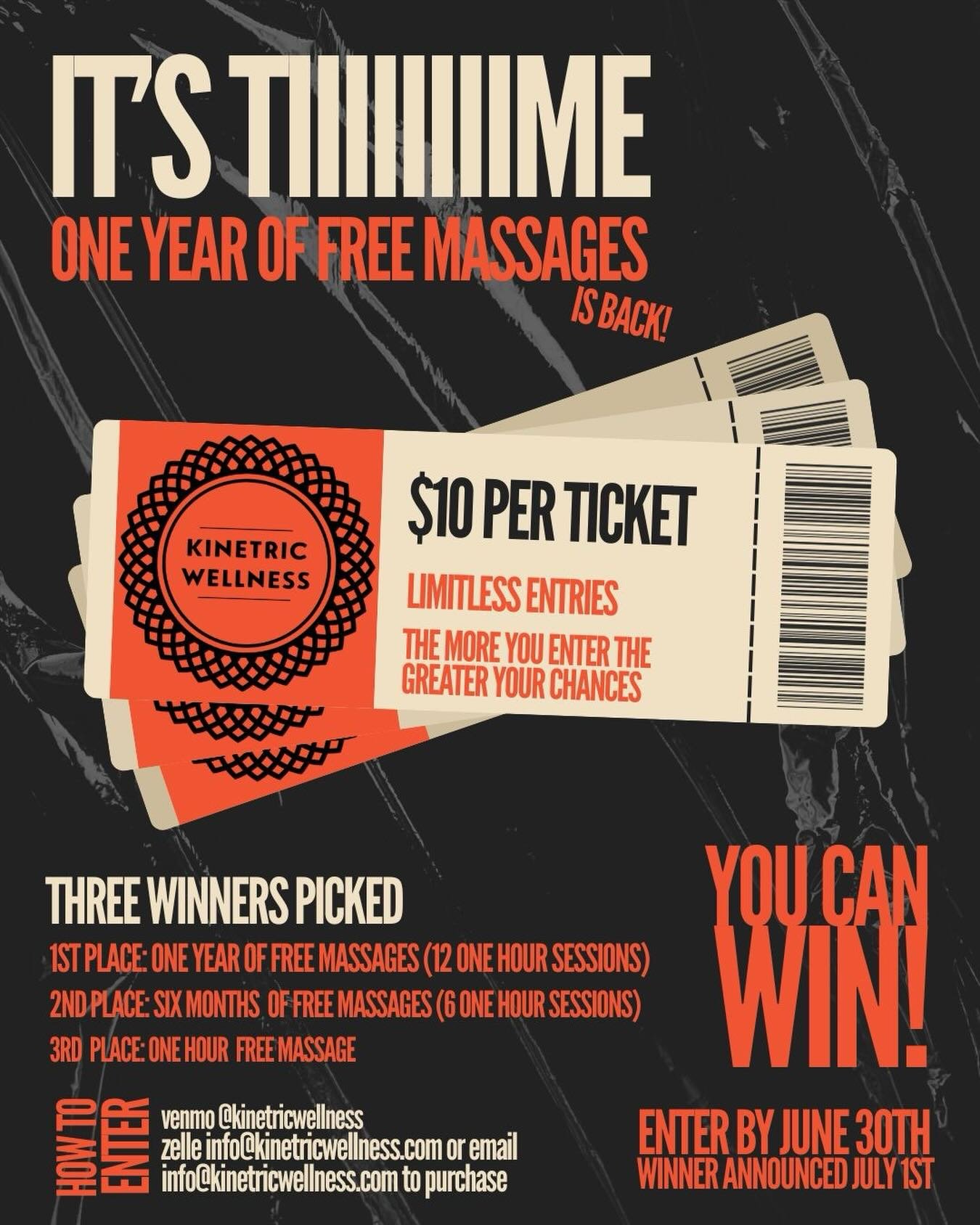 FREE MASSAGES FOR A YEAR?! HOW CAN THEY?! 

Every year we do this and every year we love seeing how excited you get when you WIN! 

🏅1st prize: one year (twelve hours) of free massages 
🏅2nd prize: six months (six hours) of free massages 
🏅3rd pri