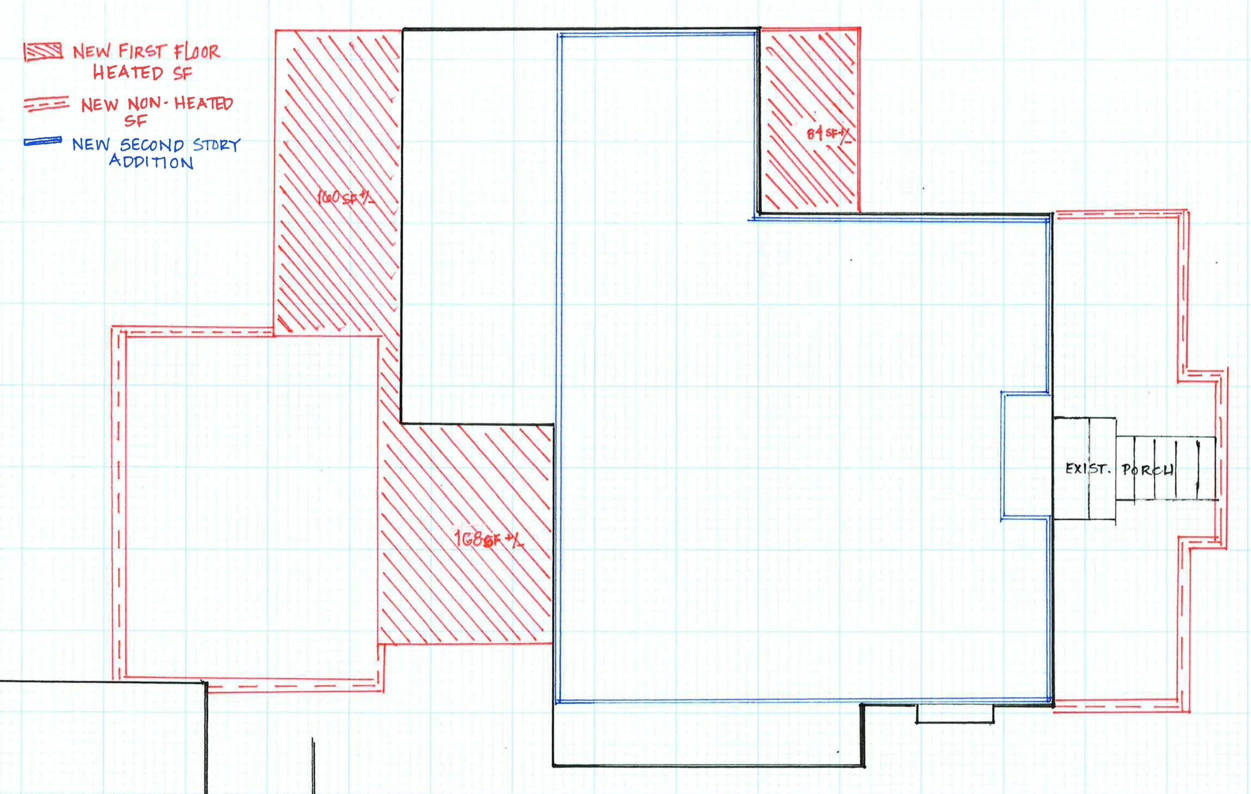The existing footprint in black with the red highlighting new heated and non-heated square footage and the blue indicating the second story addition footprint.