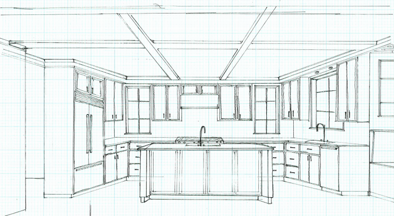 A large eat-in island creates a central workspace in the kitchen while opening up to the living room spaces.
