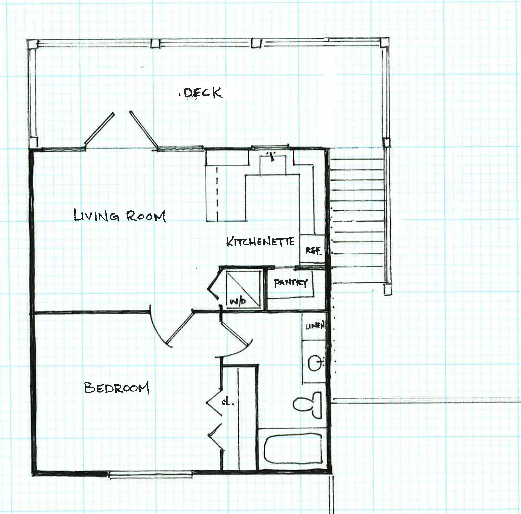 The floor plan provides a one bedroom/ one bath apartment with living space and a kitchenette.&nbsp;