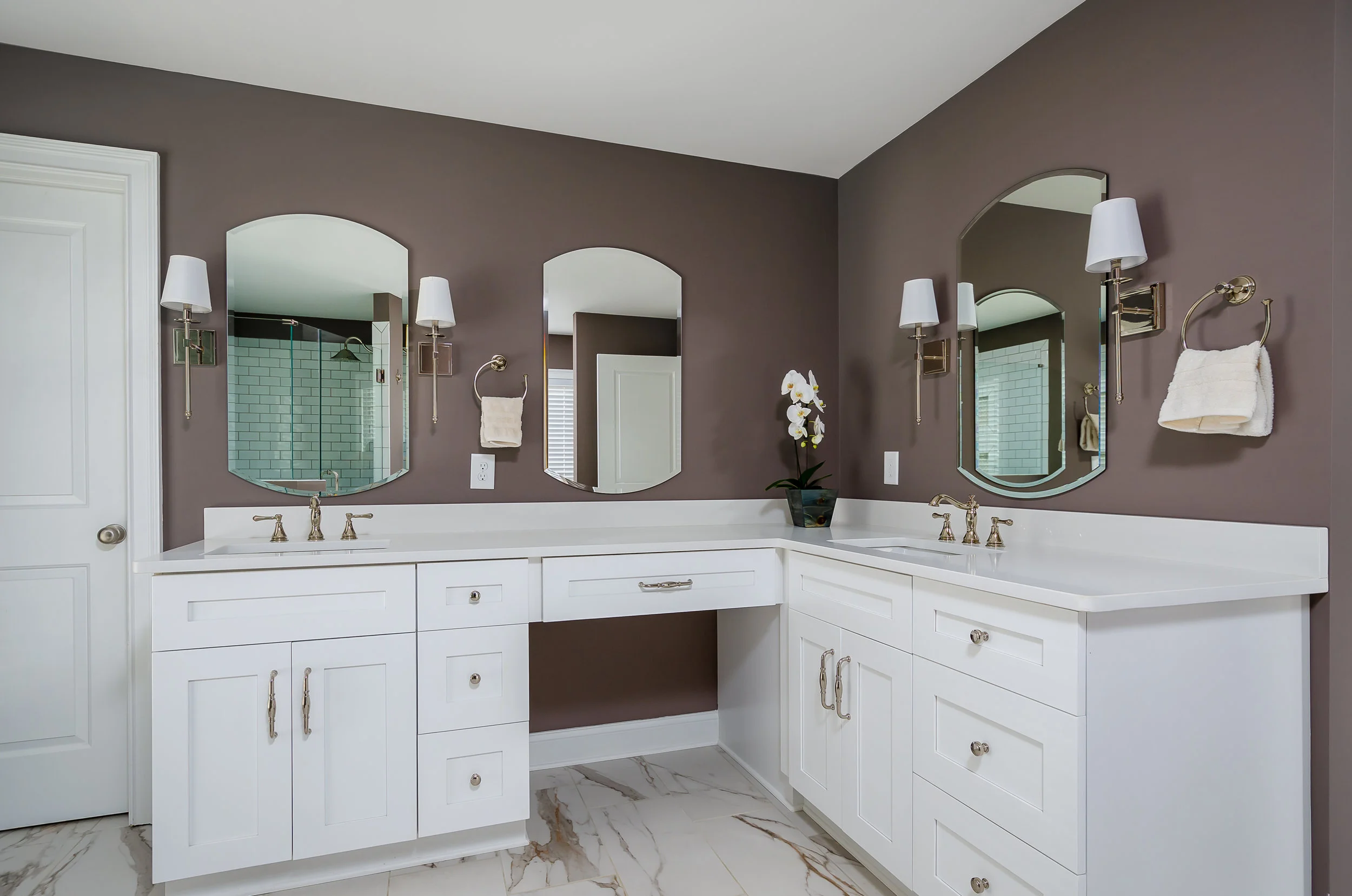 Polished nickel hardware and fixtures.