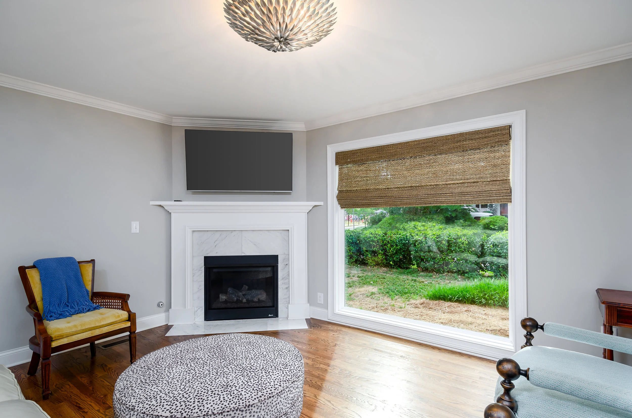 Repose Gray (SW) walls and 50/50 Jacobean &amp; Special Walnut hardwood stain.