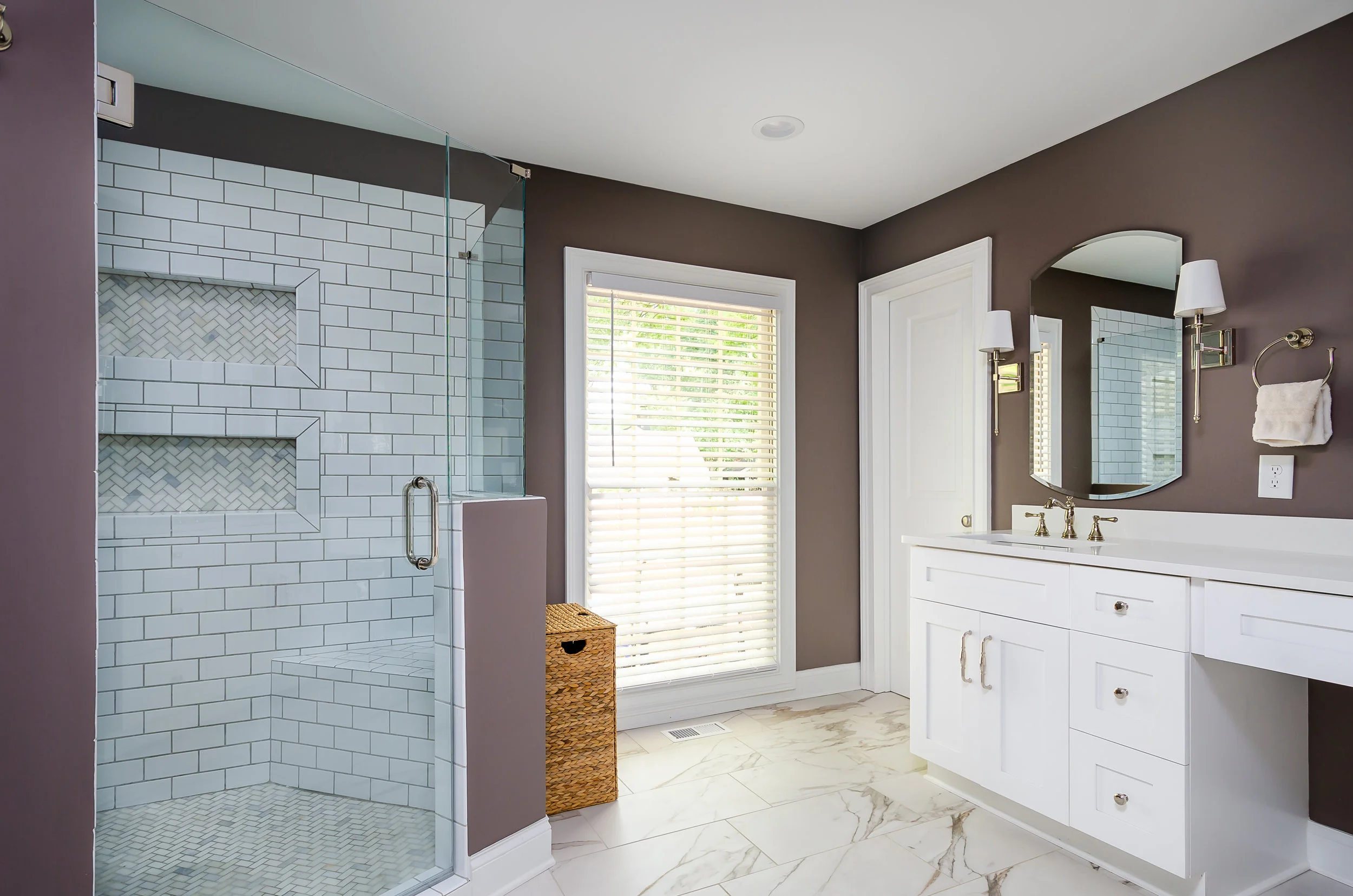 Poised Taupe (SW) walls and Landmark Ceramic floor tile from Clayton Tile Design.