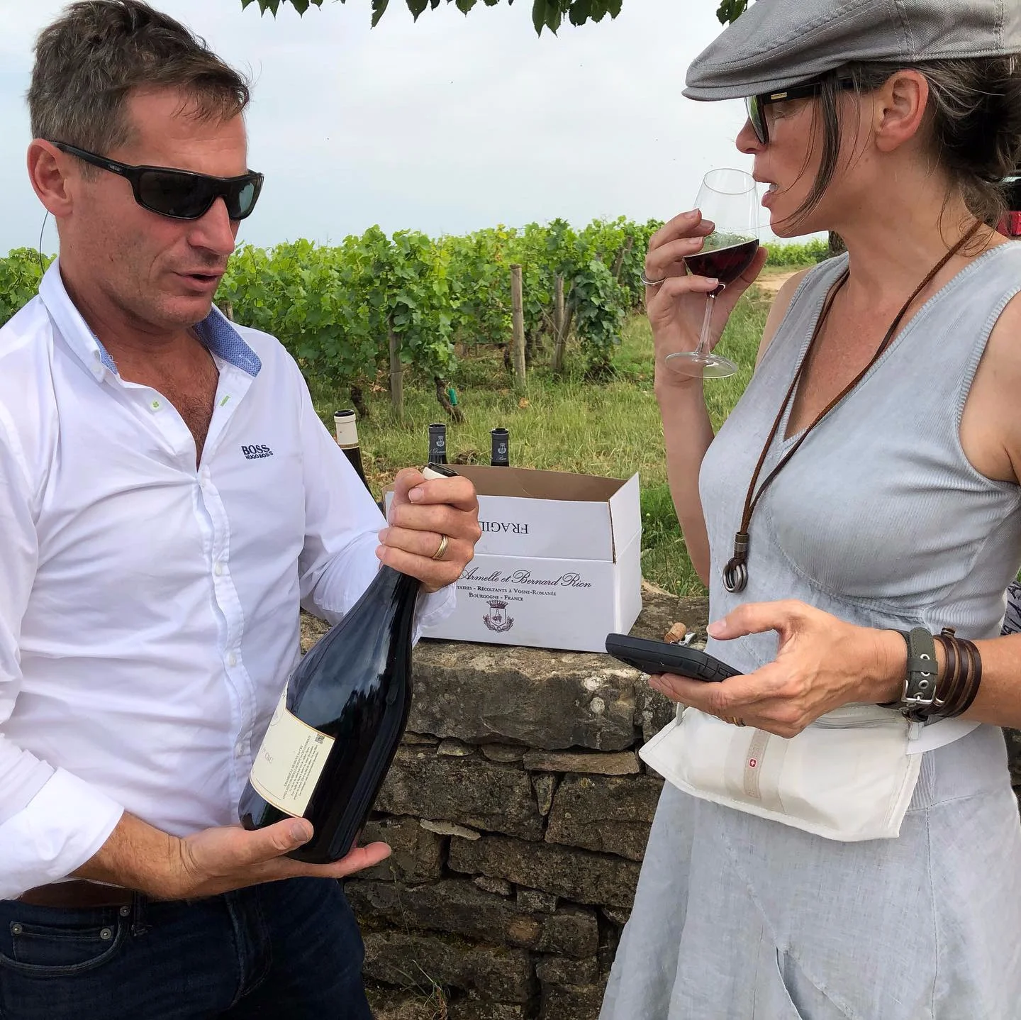 Sebastien and Isabelle enjoying the wine in Vosne-Romanée.