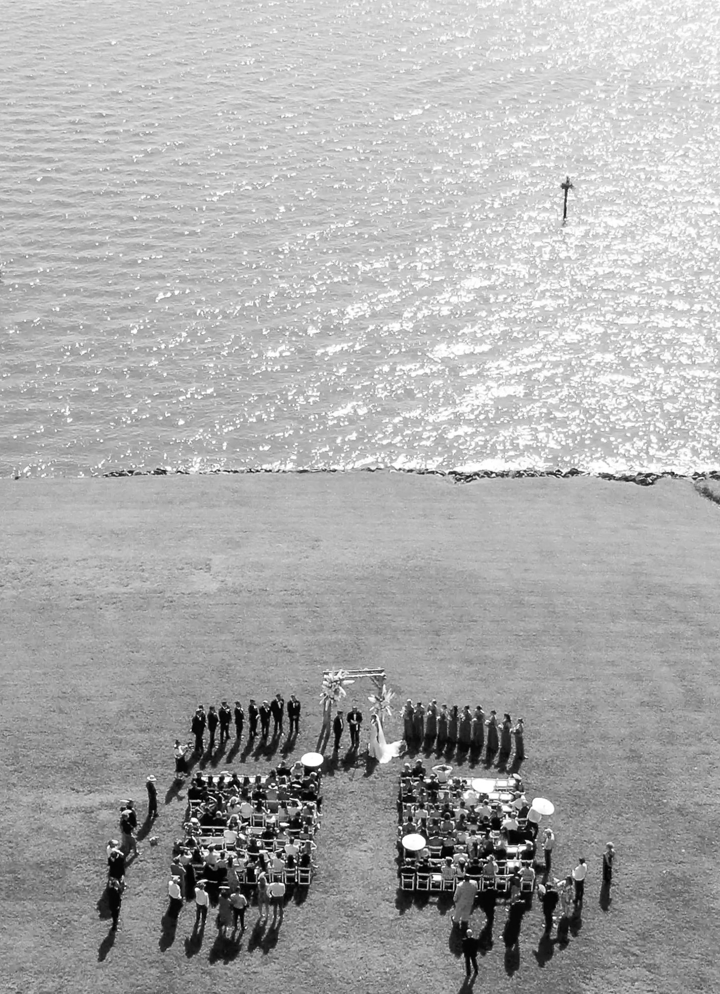 Wedding Ceremony drone shot at the weatherly pavillion on the water in maryland