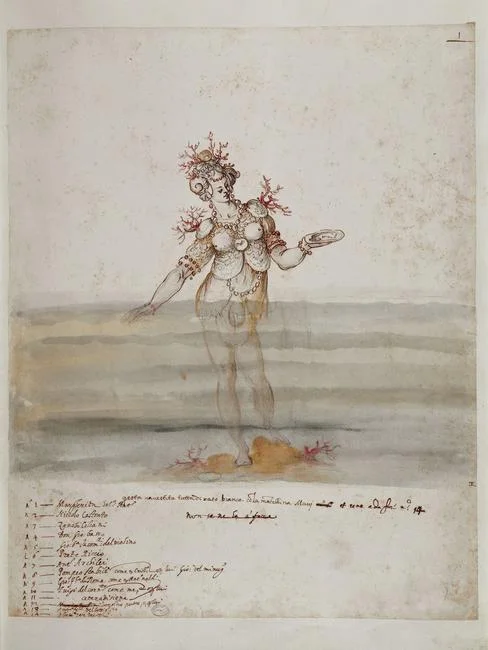 Bernardo Buontalenti, (1536-1608) Costume design for sea nymph for Fifth Intermezzo of Girolamo Bargagli's La Pellegrina performed for the 1589 Wedding of Ferdinand I and Christine of Lorraine. 47.9 x 37.9 cm. pen and brown ink, watercolor. Location: Biblioteca Nazionale, Florence, Italy Photo Credit: Scala / Art Resource, NY Image Reference: ART534273