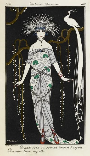 Ladies fashion magazine, illustrations by George Barbier Women depicted wearing evening dress with silver brocade, red slippers and a blue wig with silver headress, background shows a white peakcock on a tree branch Parisian fashion. (Grande robe du soir en brocart d'argent. Costumes Parisiens) Illustrated by George Barbier. Photo Credit: © British Library Board / Robana / Art Resource, NY Image Reference: AR9108334