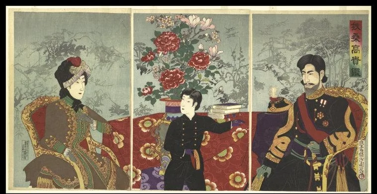 Chikanobu Hashimoto (1838-1912) Yoshu (Hashimoto) Chikanobu. A Mirror of Japan’s Nobility: The Emperor Meiji, His Wife, and Prince Haru (Fuso koki kagami), August 8th, 1887. Triptych of polychrome woodblock prints; ink and color on paper. 14 3/4 x 29 5/8 in. (37.5 x 75.2 cm). Gift of Lincoln Kirstein, 1959. Accession Number: JP3241a-c. Location: The Metropolitan Museum of Art, New York, NY, U.S.A. Photo Credit: Image copyright © The Metropolitan Museum of Art. Image source: Art Resource, NY Image Reference: ART501308