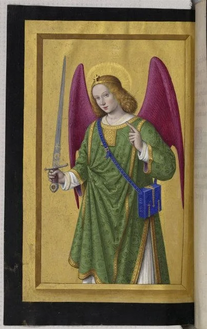 Jean Bourdichon, (c.1457-1521) The Archangel Raphael. Grandes Heures d'Anne de Bretagne. Horae ad usum romanum. Ca. 1500-1508 (?). Parchment. LATIN9474 folio165verso. Location: Bibliotheque Nationale de France (BnF), Paris, France Photo Credit: © BnF, Dist. RMN-Grand Palais / Art Resource, NY Image Reference: ART481216