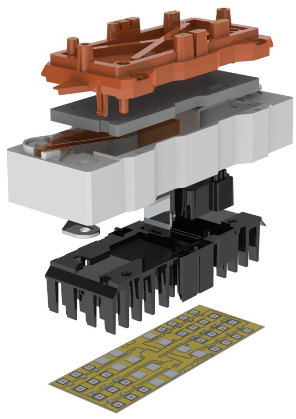 Figure 3: An exploded IGBT power module showing the bottom circuitry with transistors (squares with black edges) and anti-parallel diodes (gray squares).
