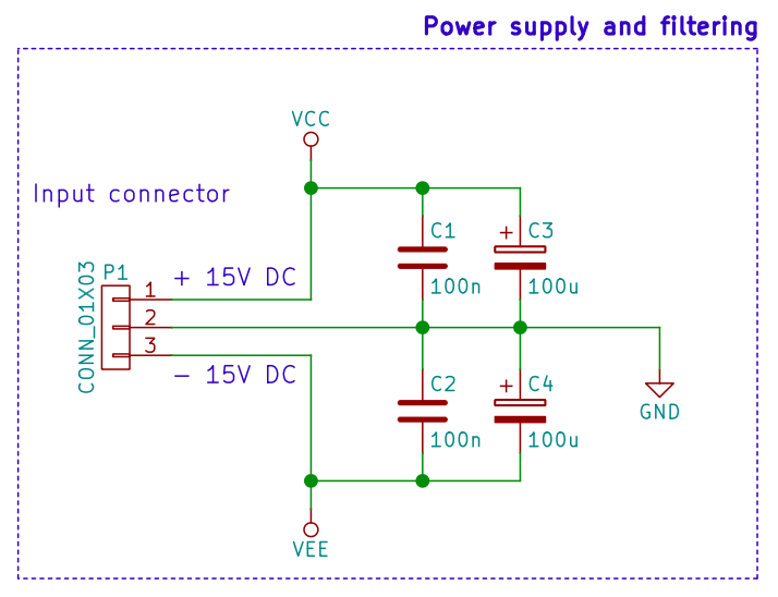 The PCBs voltage supply with filter capacitors.