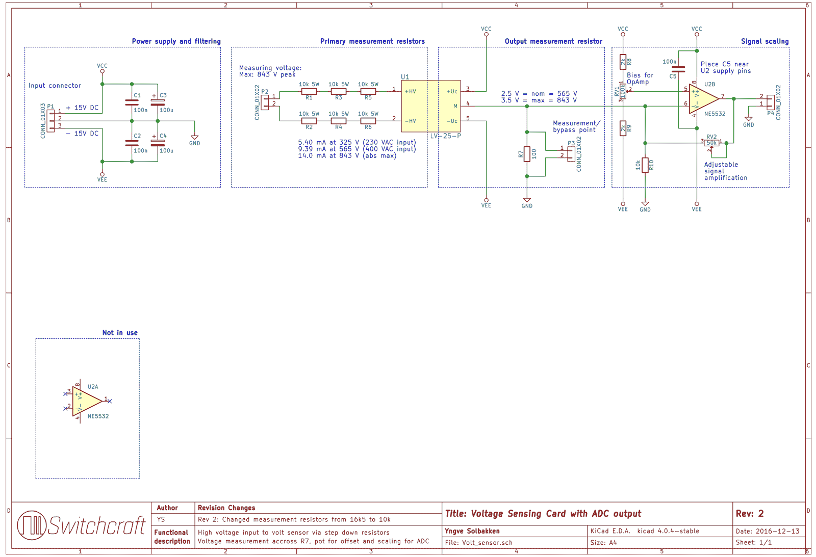 Full schematic of the voltage sensing card. The opamp in the lower left corner is the second opamp in the opamp chip which is not in use.