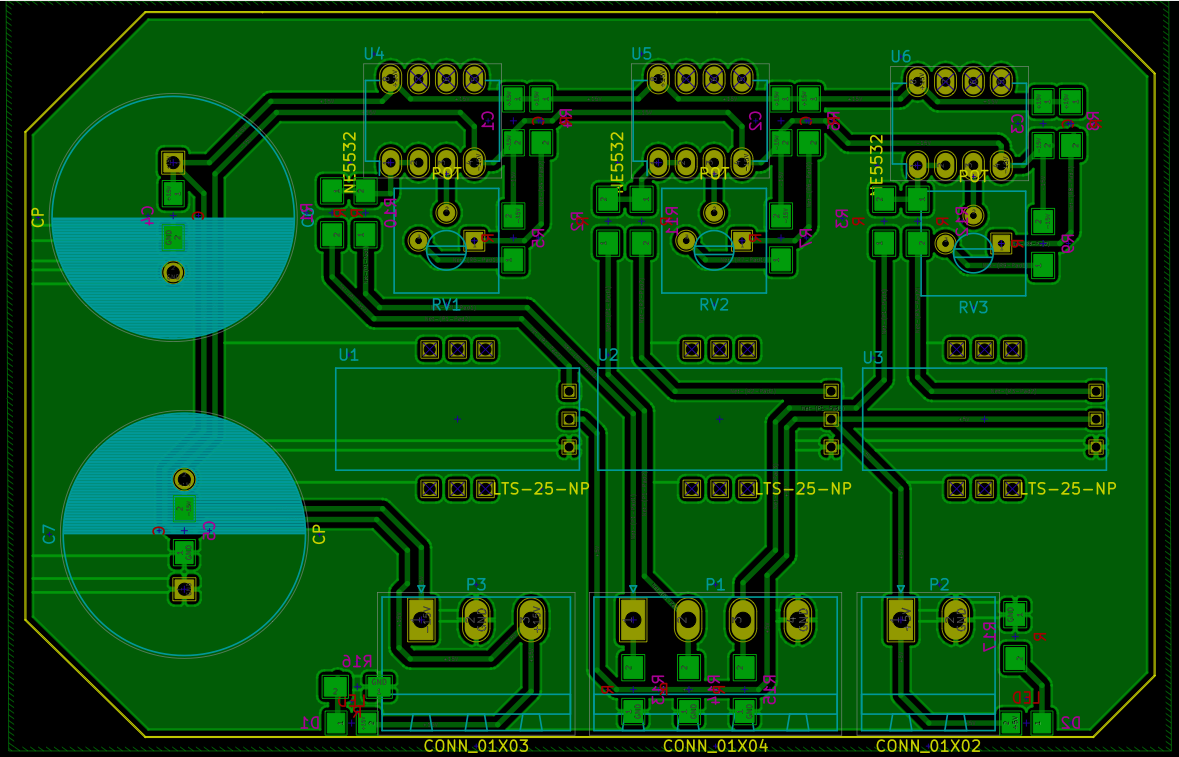 The layout of the current sensing PCB. All tracks are routed on the bottom layer.