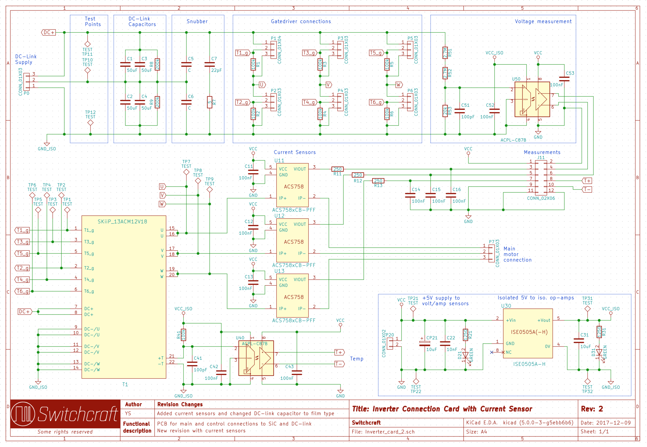 The inverter card schematic: Power electronics on the top, transistor on the lower left, current sensors in the middle and 5V power supply in the lower right corner.