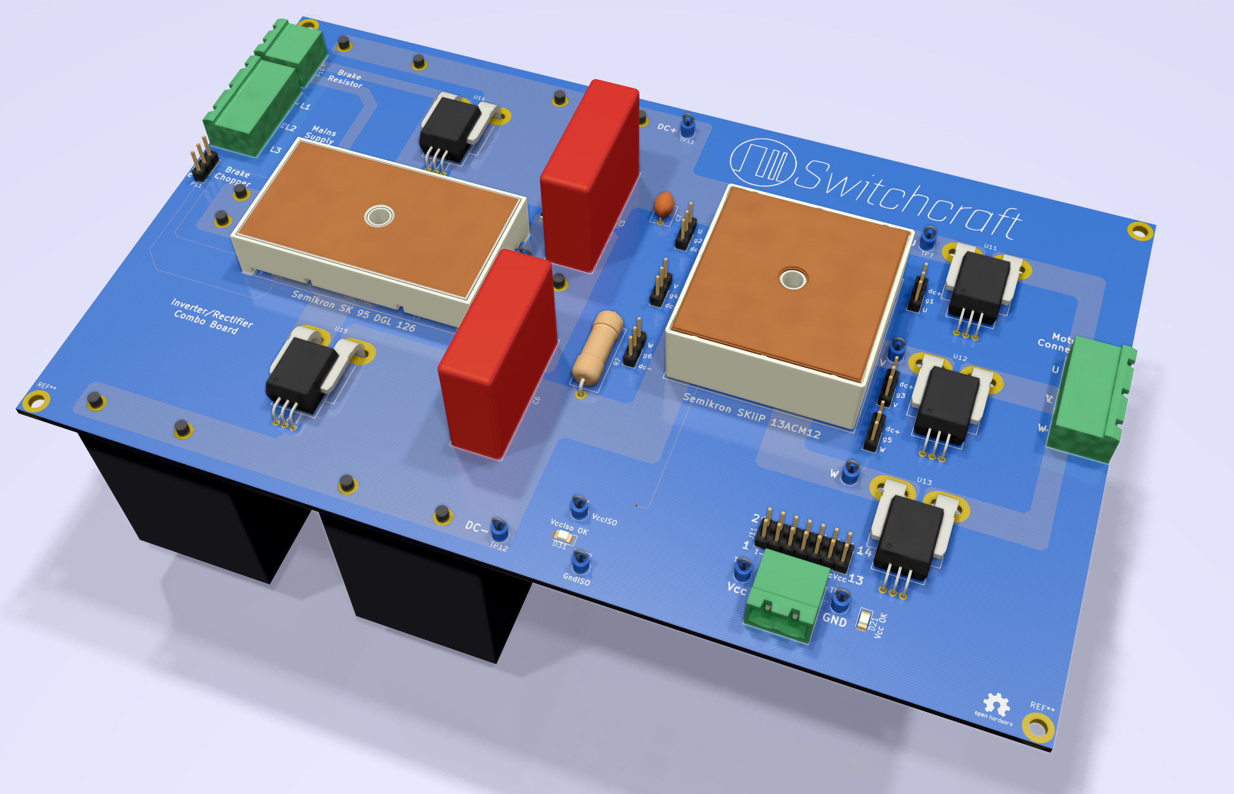 Top view 3D-render. The rectangle to the left is the rectifier with a current sensor above and below. The two red office-building-like components are snubber capacitors. The black boxes on the bottom side are main DC-link capacitors while the square…