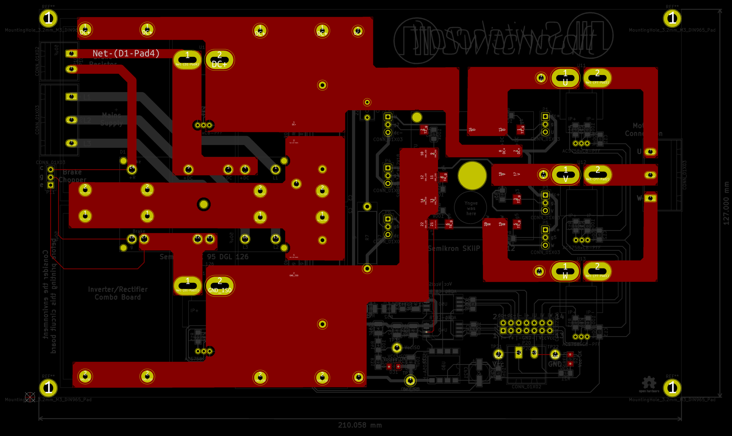 This view highlights all the electrical connections on the top side. Here, the zones are very visible, the two largest ones are DC+ and DC- zones, while the three to the right are motor output zones to the motor terminal connector. The two small zones to the left are also DC+/-, but before the current sensor.