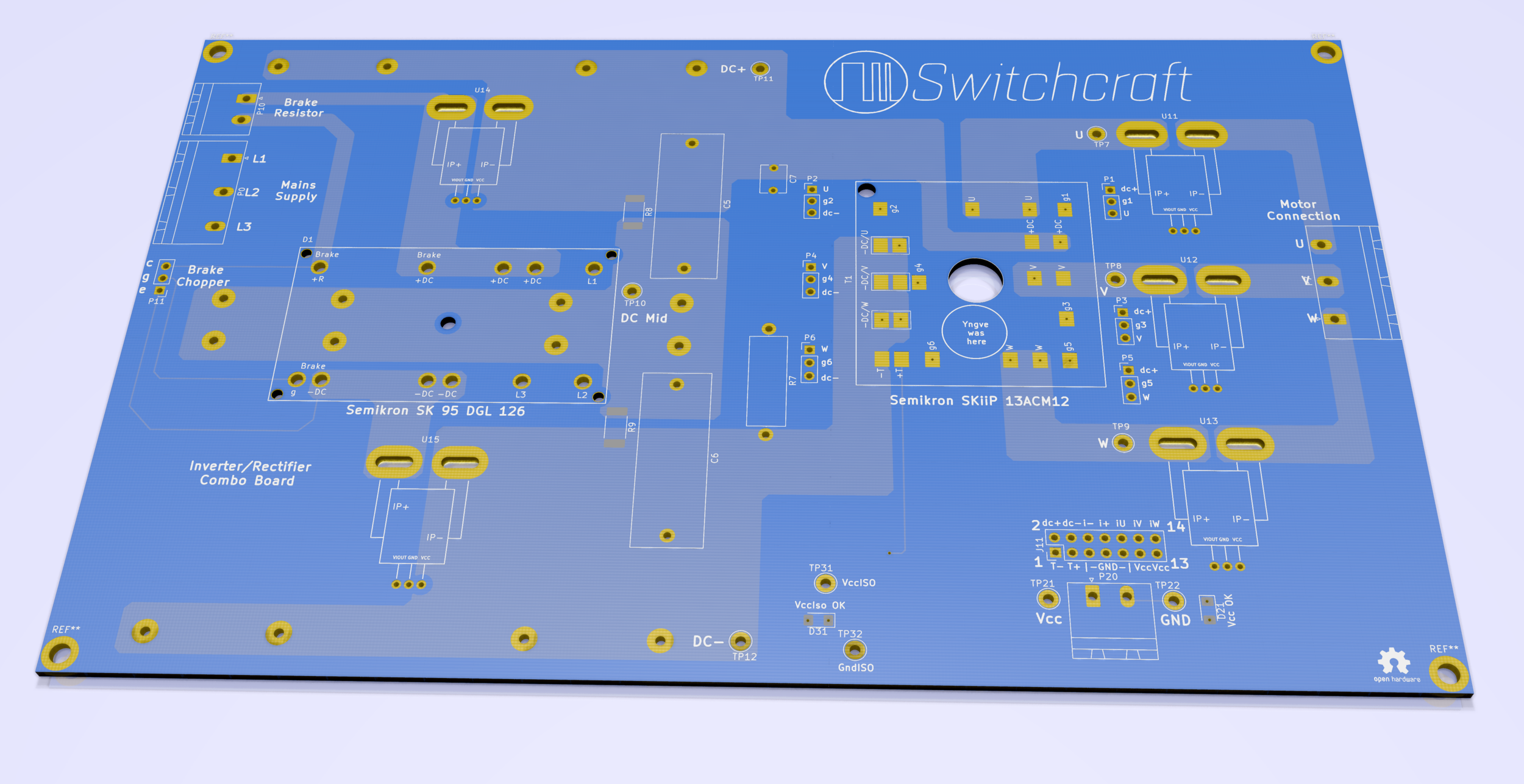 Top view in 3D showing only the board with silkscreen (the white drawings and letters etc), the soldermask (the blue stuff) and the topside copper (the other stuff you can see shining trough the blue stuff, right?) Below are images shown without ray…