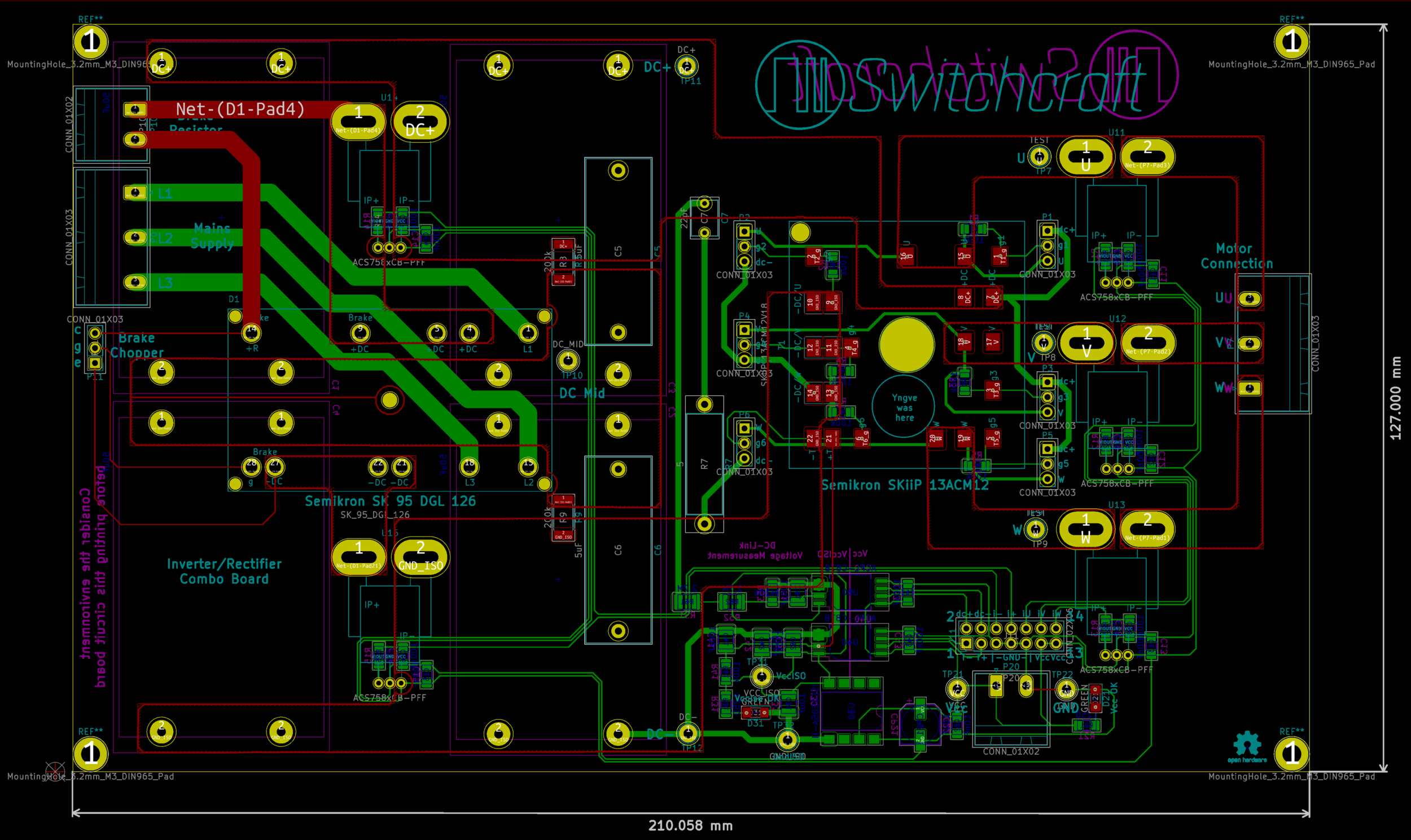 The PCB layout, showing all layers. Green are electrical connections (routes) located at the bottom side of the board while red are connections on the top side. The yellow circles all around are mounting holes with electrical connections to components with pins. One notable exception is the filled, yellow circle near the center of the board - this is a mounting hole for the transistor module. 