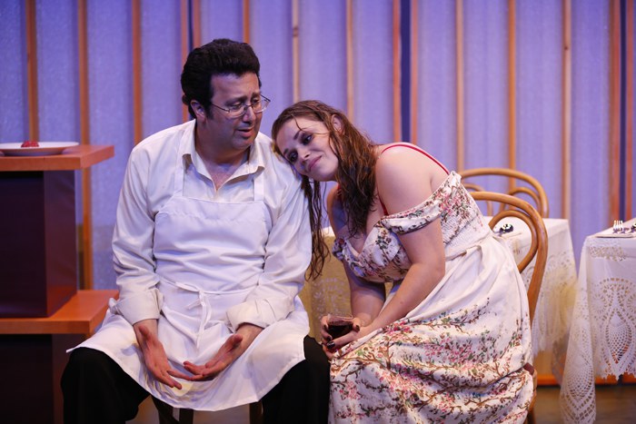 Saverio Tuzzolo and Casandera M.J. Lollar in QUEEN by Alexander Dinelaris, inspired by The Woman Who Came at Six O’Clock by Gabriel García Márquez, directed by Victor Slezak, part of SUMMER SHORTS 2016, Series B at 59E59 Theaters. Photo by Carol Rosegg