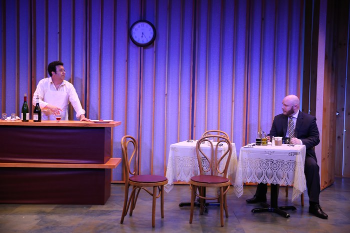 Saverio Tuzzolo and Chris McFarland in QUEEN by Alexander Dinelaris, inspired by The Woman Who Came at Six O’Clock by Gabriel García Márquez, directed by Victor Slezak, part of SUMMER SHORTS 2016, Series B at 59E59 Theaters. Photo by Carol Rosegg